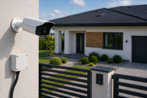 Kamera monitoringu CCTV zamontowana przy domu jednorodzinnym, zabezpieczająca wejście, bramę i teren posesji.