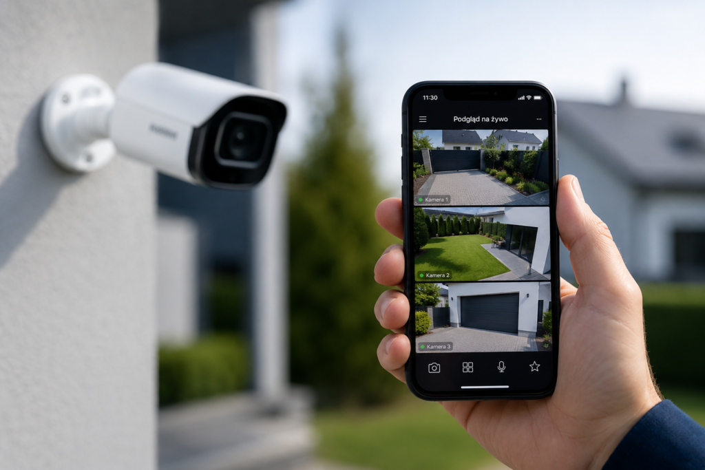 Zdalny podgląd monitoringu CCTV na telefonie – obraz z kamer wokół domu wyświetlany w aplikacji mobilnej.