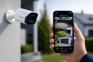 Zdalny podgląd monitoringu CCTV na telefonie – obraz z kamer wokół domu wyświetlany w aplikacji mobilnej.
